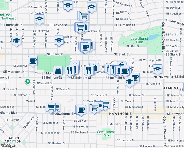 map of restaurants, bars, coffee shops, grocery stores, and more near 2921 Southeast Morrison Street in Portland