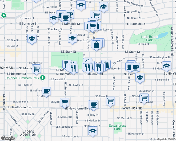 map of restaurants, bars, coffee shops, grocery stores, and more near 725 Southeast 27th Avenue in Portland