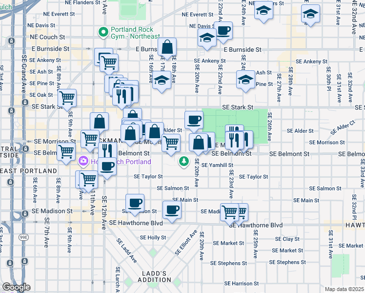 map of restaurants, bars, coffee shops, grocery stores, and more near 722 Southeast 18th Avenue in Portland