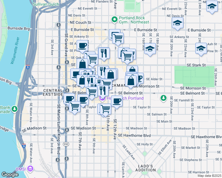 map of restaurants, bars, coffee shops, grocery stores, and more near 1025 Southeast Morrison Street in Portland
