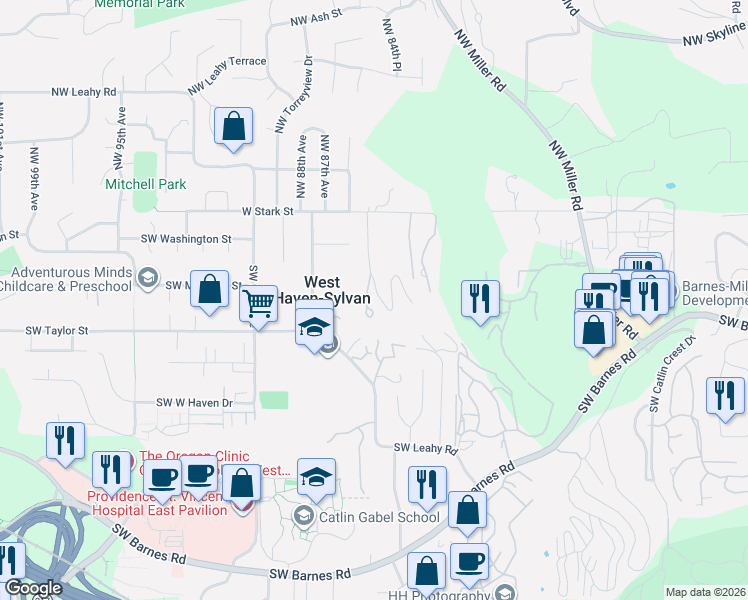 map of restaurants, bars, coffee shops, grocery stores, and more near 8484 Southwest Mapleridge Drive in Portland