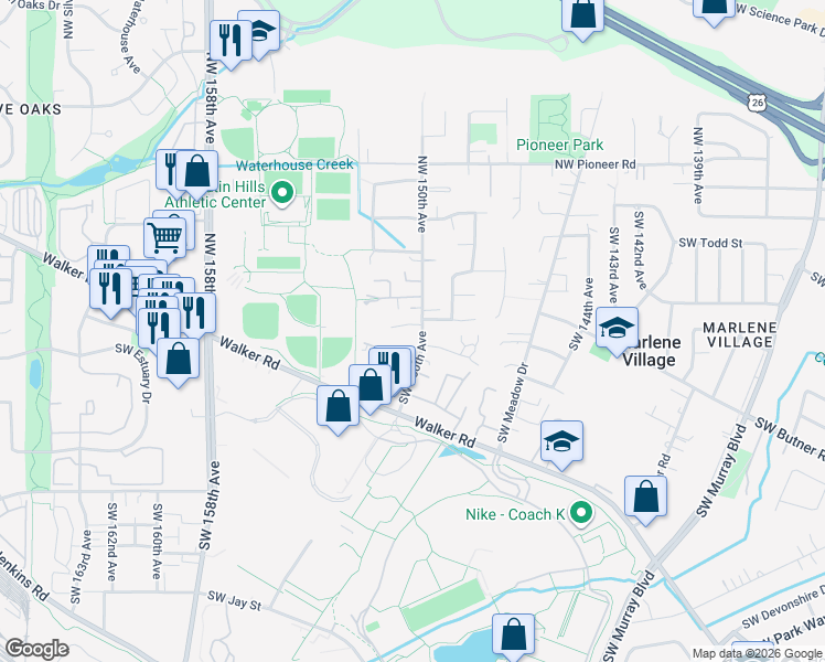map of restaurants, bars, coffee shops, grocery stores, and more near 15062 Southwest Trenton Court in Beaverton