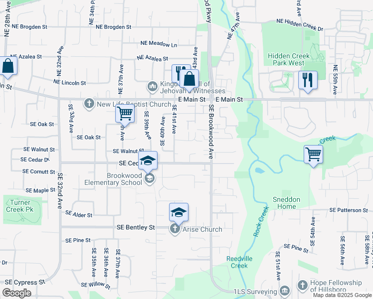 map of restaurants, bars, coffee shops, grocery stores, and more near 357 Southeast 43rd Avenue in Hillsboro