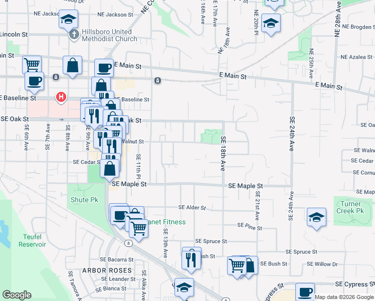 map of restaurants, bars, coffee shops, grocery stores, and more near 1525 Southeast Walnut Street in Hillsboro