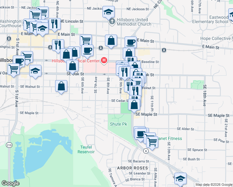 map of restaurants, bars, coffee shops, grocery stores, and more near 871 Southeast Walnut Street in Hillsboro