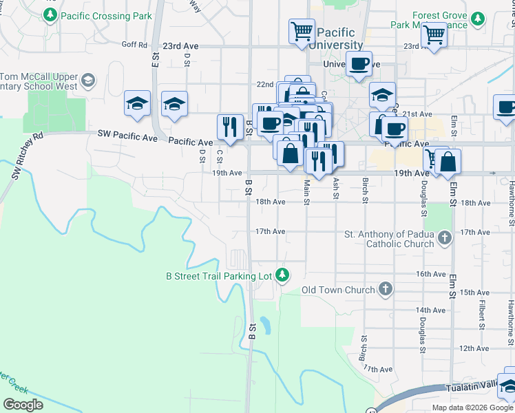 map of restaurants, bars, coffee shops, grocery stores, and more near 1818 B Street in Forest Grove