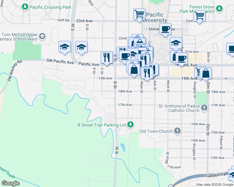 map of restaurants, bars, coffee shops, grocery stores, and more near 1818 B Street in Forest Grove