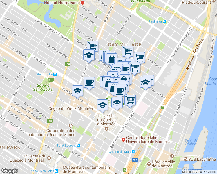 map of restaurants, bars, coffee shops, grocery stores, and more near 1565 Rue Saint-Christophe in Montréal