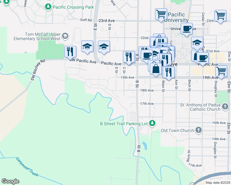 map of restaurants, bars, coffee shops, grocery stores, and more near 1656 18th Avenue in Forest Grove