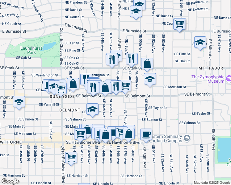 map of restaurants, bars, coffee shops, grocery stores, and more near 728 Southeast 45th Avenue in Portland