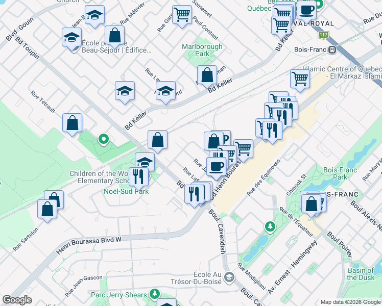 map of restaurants, bars, coffee shops, grocery stores, and more near 2875 Rue Jasmin in Montréal