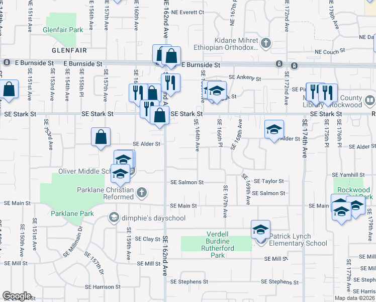 map of restaurants, bars, coffee shops, grocery stores, and more near 16352 Southeast Alder Street in Portland