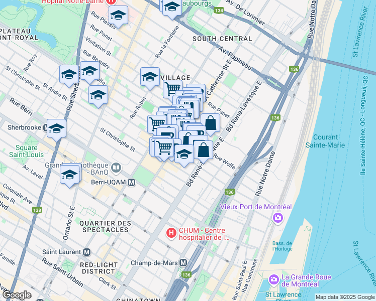 map of restaurants, bars, coffee shops, grocery stores, and more near 1266 Rue Amherst in Montréal