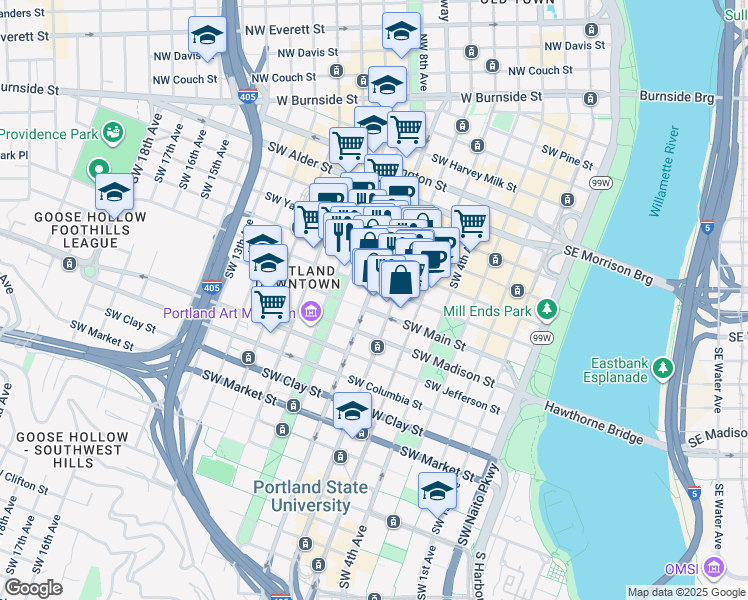 map of restaurants, bars, coffee shops, grocery stores, and more near 961 Southwest Broadway in Portland