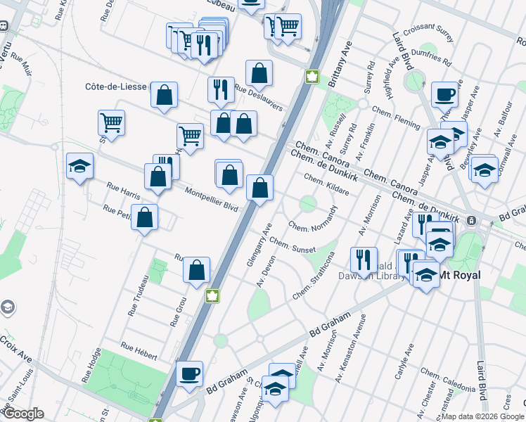 map of restaurants, bars, coffee shops, grocery stores, and more near 2900 Chemin de la Côte-de-Liesse in Mont-Royal