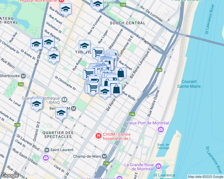 map of restaurants, bars, coffee shops, grocery stores, and more near in Montreal
