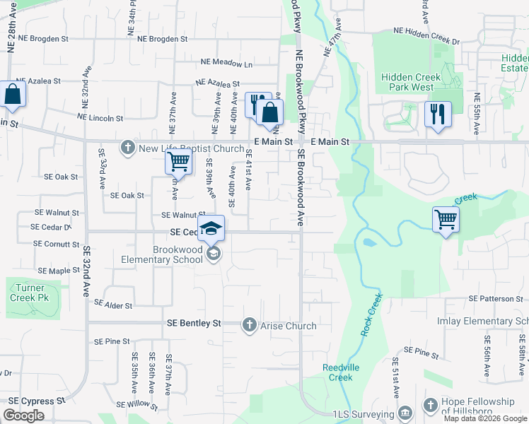 map of restaurants, bars, coffee shops, grocery stores, and more near 4183 Southeast Walnut Court in Hillsboro