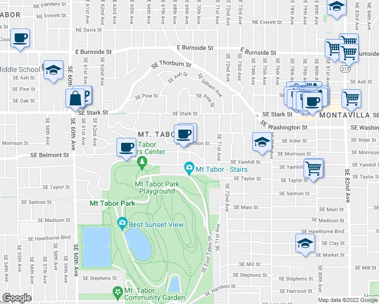 map of restaurants, bars, coffee shops, grocery stores, and more near Southeast Belmont Street & Southeast 69th Avenue in Portland