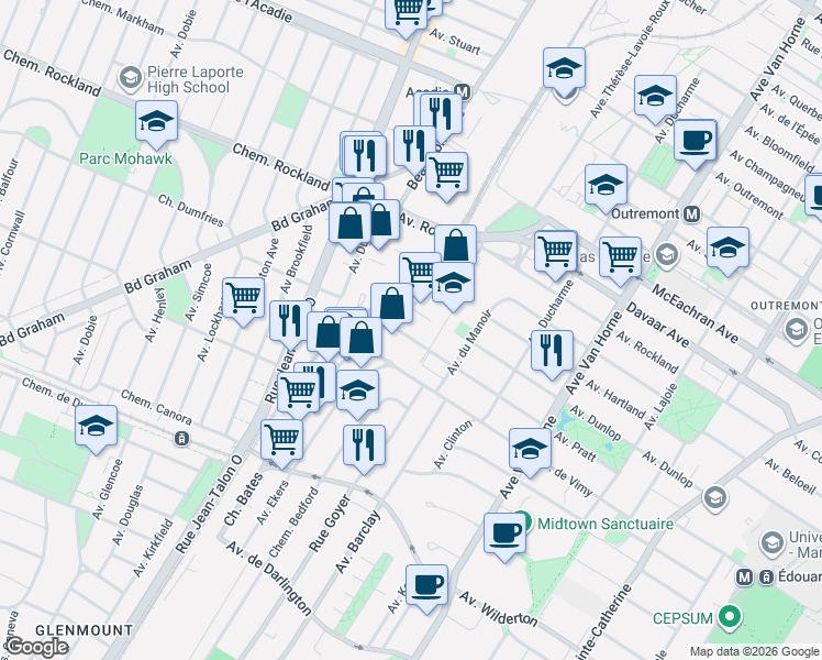 map of restaurants, bars, coffee shops, grocery stores, and more near 1095 Avenue Pratt in Montrã©Al