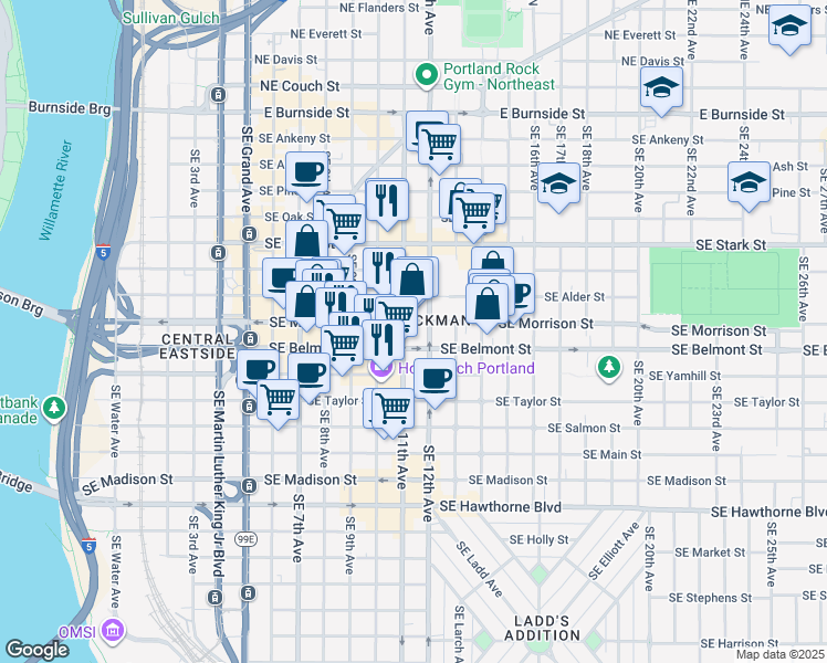 map of restaurants, bars, coffee shops, grocery stores, and more near 1025 Southeast Morrison Street in Portland