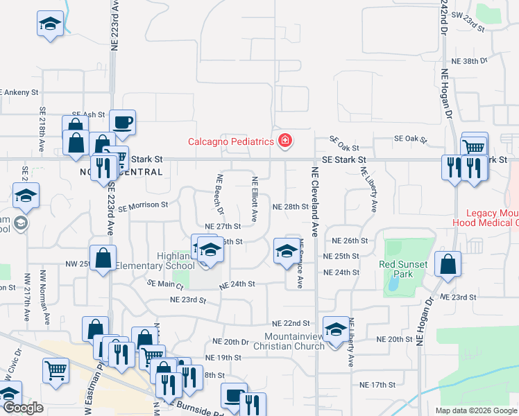 map of restaurants, bars, coffee shops, grocery stores, and more near 2750 Northeast Elliott Avenue in Gresham