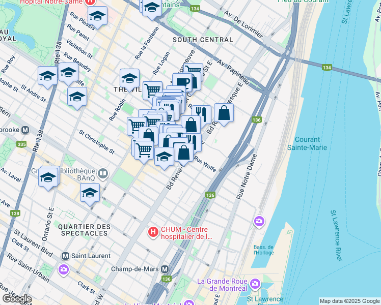 map of restaurants, bars, coffee shops, grocery stores, and more near 1150 Boulevard René-Lévesque Est in Montréal