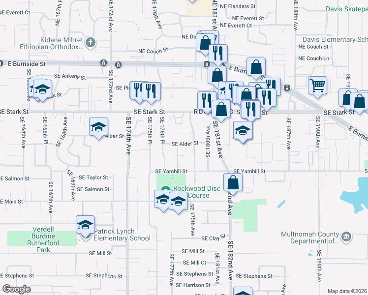 map of restaurants, bars, coffee shops, grocery stores, and more near 17824 Southeast Alder Street in Portland