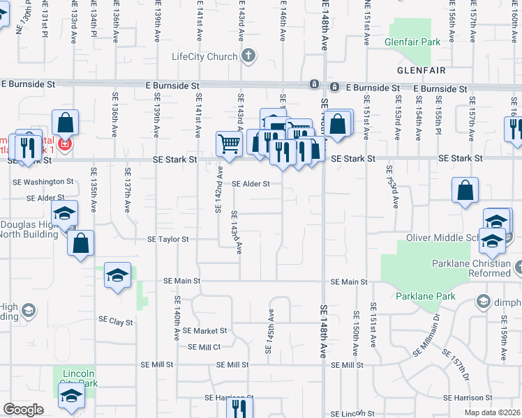 map of restaurants, bars, coffee shops, grocery stores, and more near 14519 Southeast Alder Court in Portland