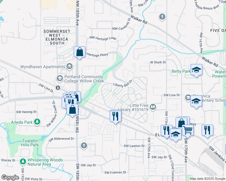 map of restaurants, bars, coffee shops, grocery stores, and more near 360 Liberty Bell Drive in Beaverton