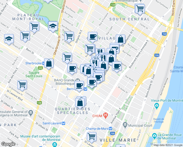 map of restaurants, bars, coffee shops, grocery stores, and more near 873 Boulevard de Maisonneuve Est in Montréal