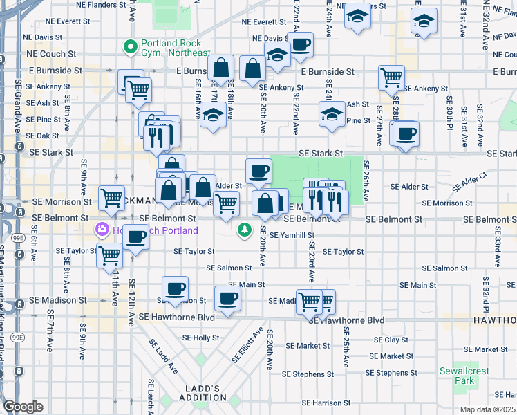 map of restaurants, bars, coffee shops, grocery stores, and more near 1980 Southeast Morrison Street in Portland