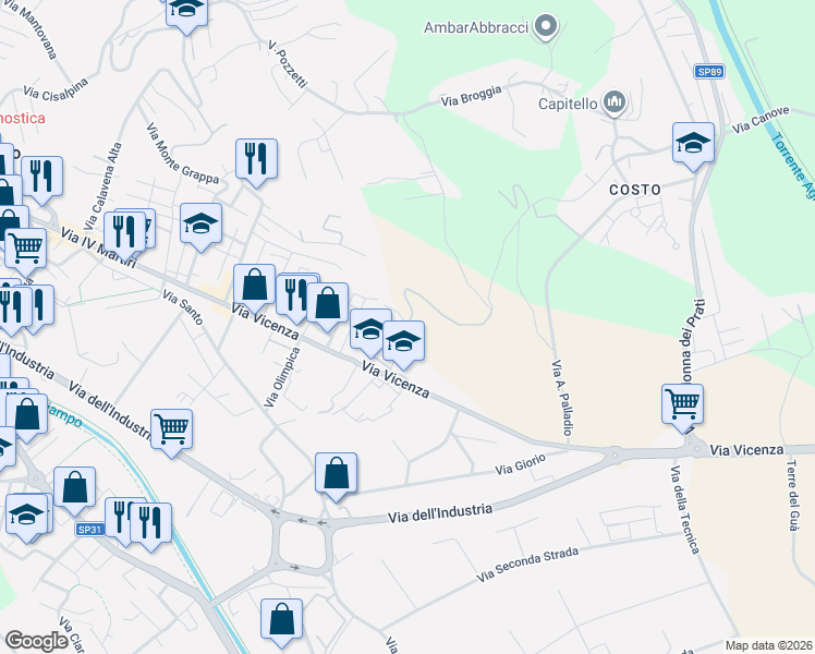 map of restaurants, bars, coffee shops, grocery stores, and more near 8 Via Fortis A. in Arzignano