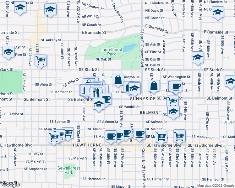 map of restaurants, bars, coffee shops, grocery stores, and more near 3636 Southeast Morrison Street in Portland