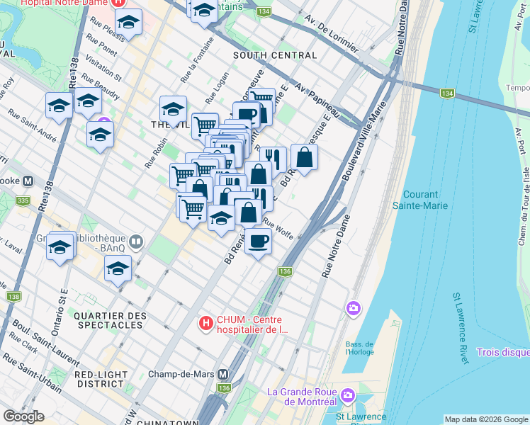 map of restaurants, bars, coffee shops, grocery stores, and more near 1150 Boulevard René-Lévesque Est in Montréal