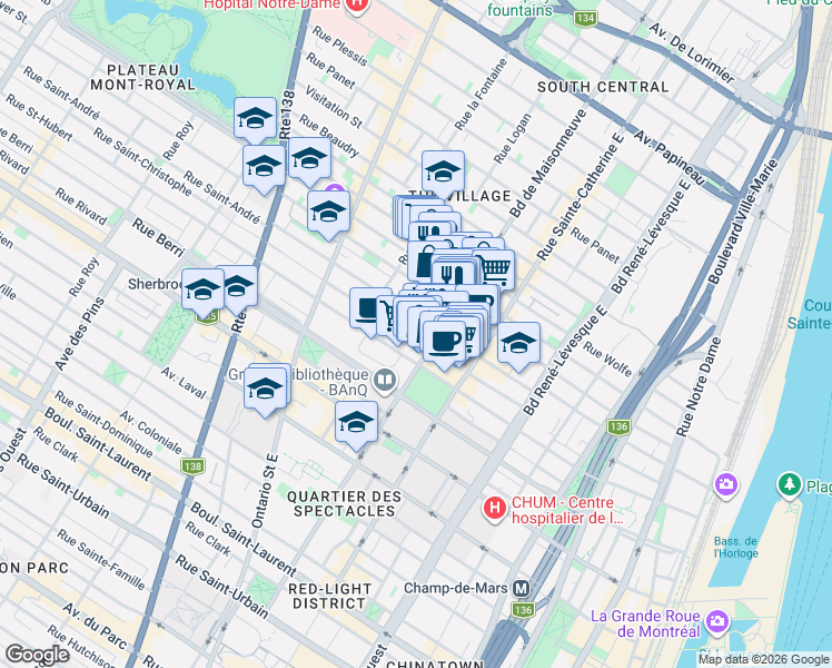 map of restaurants, bars, coffee shops, grocery stores, and more near 1581 Rue Saint-Christophe in Montréal