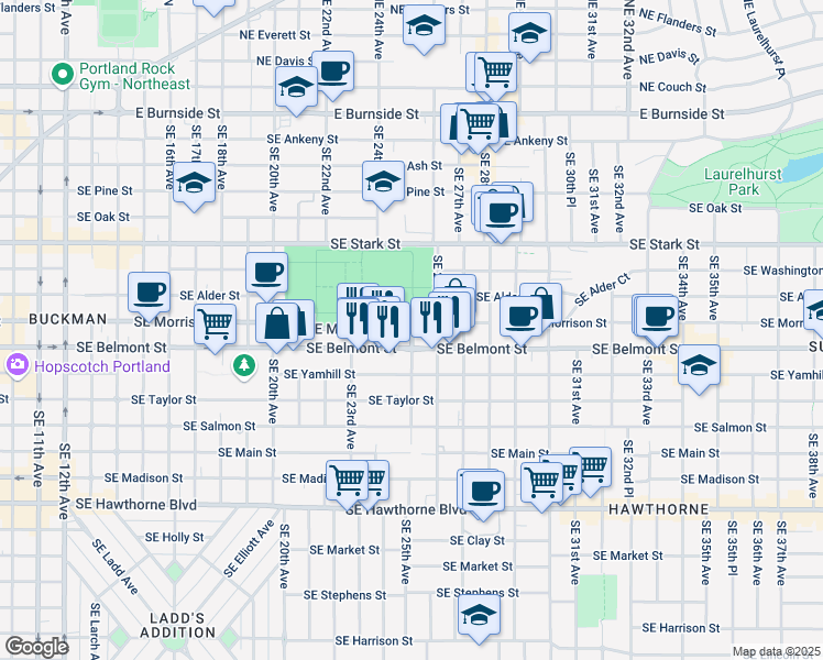 map of restaurants, bars, coffee shops, grocery stores, and more near 2399 SE Morrison St in Portland