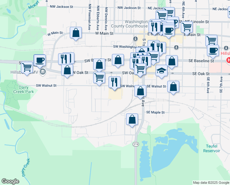 map of restaurants, bars, coffee shops, grocery stores, and more near 966 Southeast Oak Street in Hillsboro