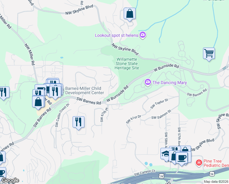 map of restaurants, bars, coffee shops, grocery stores, and more near 6605 West Burnside Road in Portland
