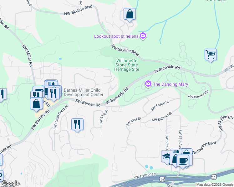 map of restaurants, bars, coffee shops, grocery stores, and more near 6605 West Burnside Road in Portland
