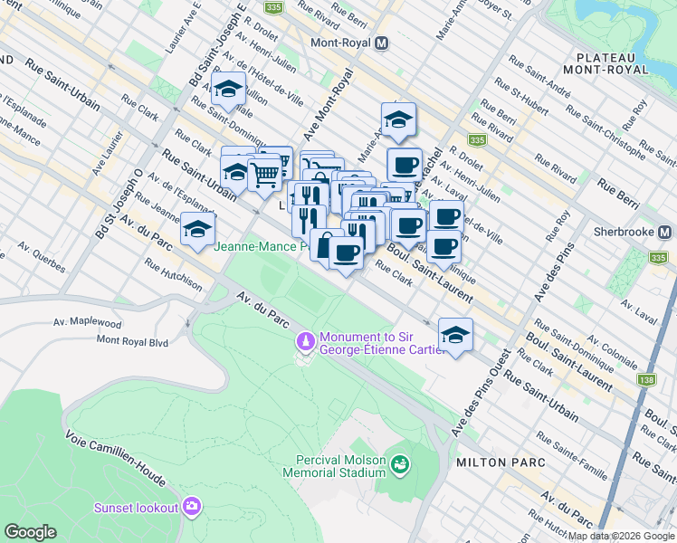 map of restaurants, bars, coffee shops, grocery stores, and more near 4238 Rue Saint-Urbain in Montréal