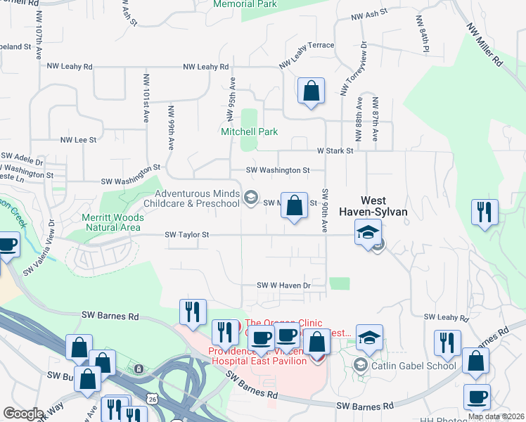 map of restaurants, bars, coffee shops, grocery stores, and more near 9367 Southwest Morrison Street in Portland