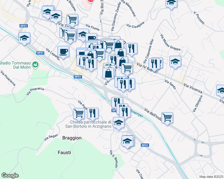 map of restaurants, bars, coffee shops, grocery stores, and more near 3 Via Fanti in Arzignano