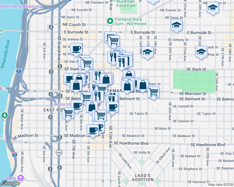 map of restaurants, bars, coffee shops, grocery stores, and more near 1230 Southeast Morrison Street in Portland