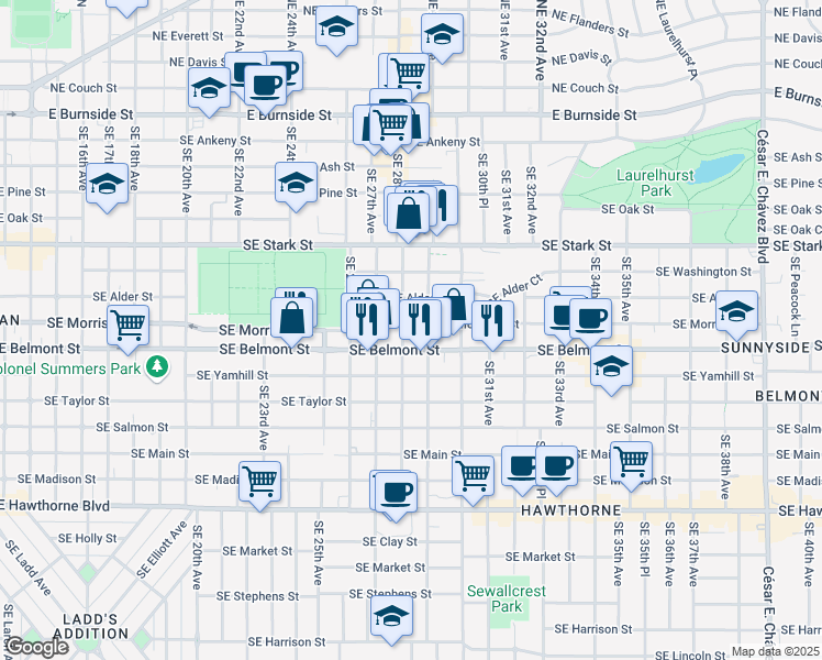 map of restaurants, bars, coffee shops, grocery stores, and more near 808 Southeast 28th Avenue in Portland