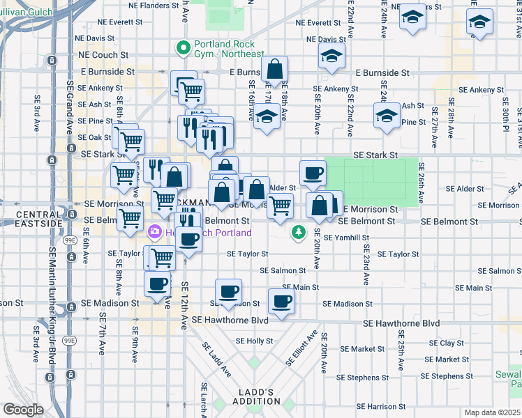 map of restaurants, bars, coffee shops, grocery stores, and more near 1630 Southeast Morrison Street in Portland