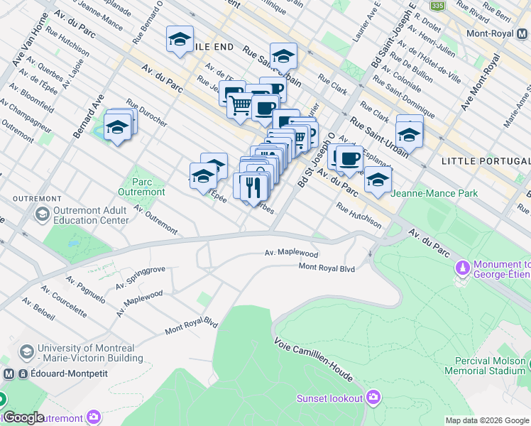 map of restaurants, bars, coffee shops, grocery stores, and more near 12 Avenue Querbes in Montréal
