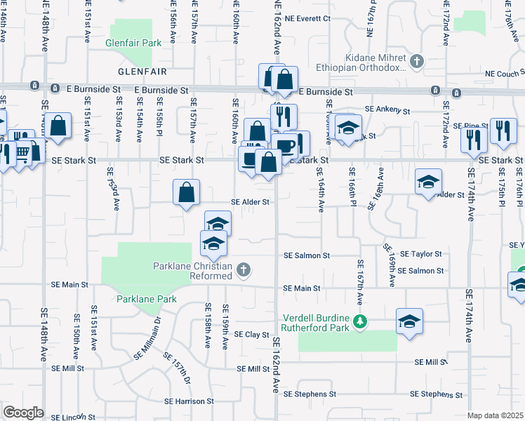 map of restaurants, bars, coffee shops, grocery stores, and more near 16113 Southeast Alder Street in Portland