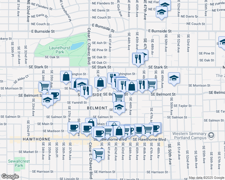 map of restaurants, bars, coffee shops, grocery stores, and more near 4225 Southeast Morrison Street in Portland