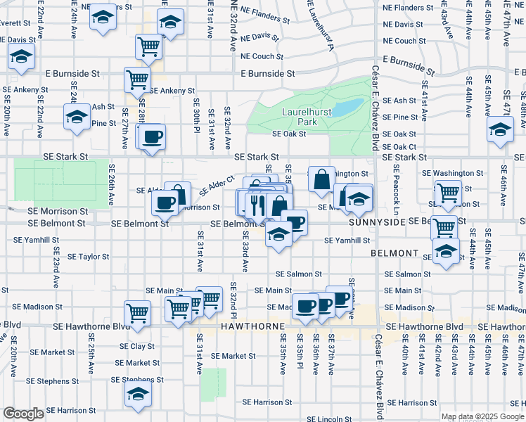 map of restaurants, bars, coffee shops, grocery stores, and more near 753 Southeast 34th Avenue in Portland