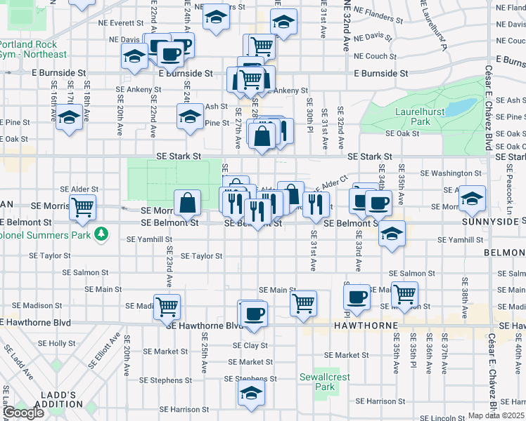map of restaurants, bars, coffee shops, grocery stores, and more near 712 Southeast 28th Avenue in Portland